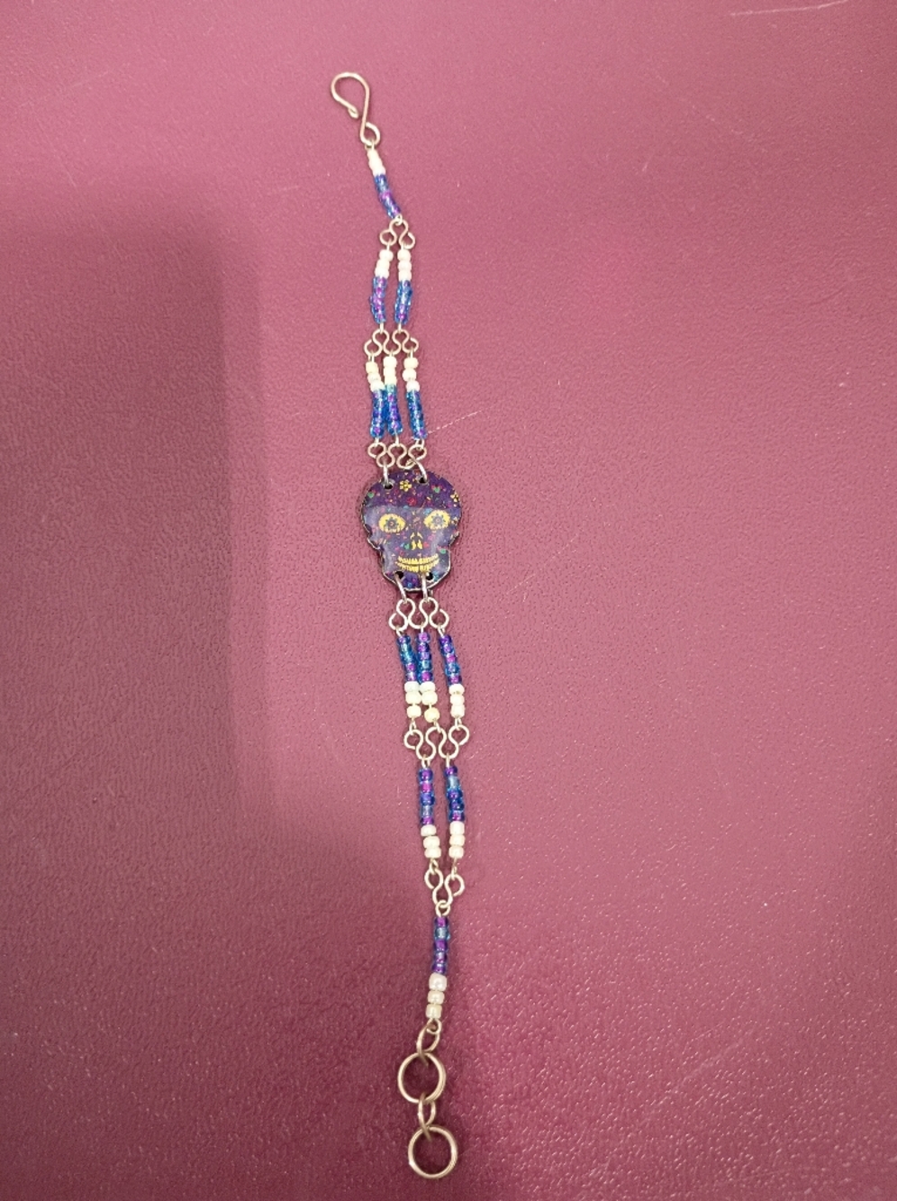 Handcrafted Beaded Purple Sugar Skull Bracelet - Women’s Day of the Dead Jewelry